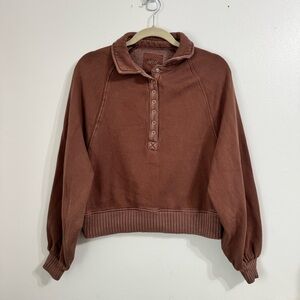 Aerie Quarter Snap Brown Button-Up Pullover Sweatshirt